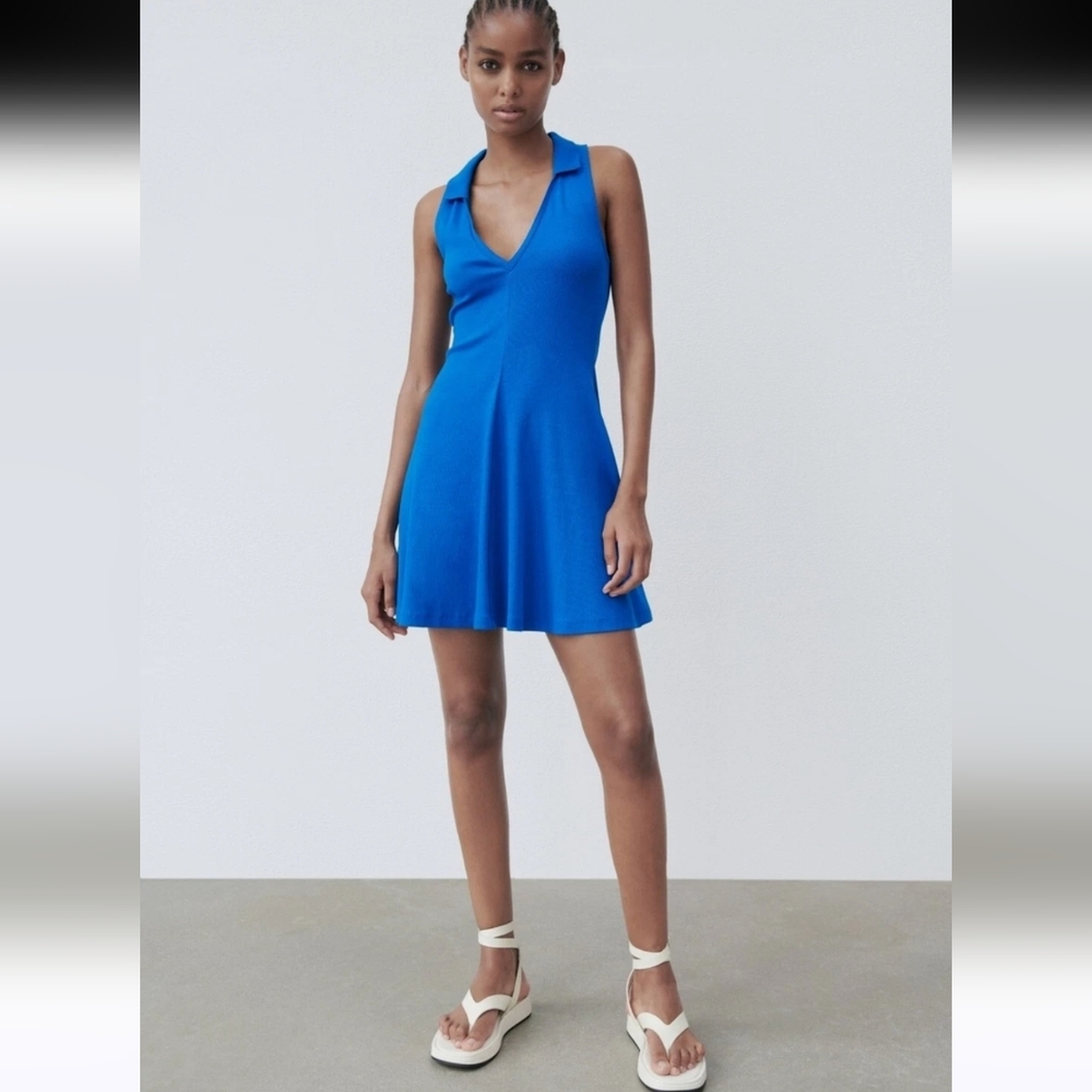 Zara Blue Lapel Collard Sleevless Ribbed Knit Skater Mini Dress Size Small